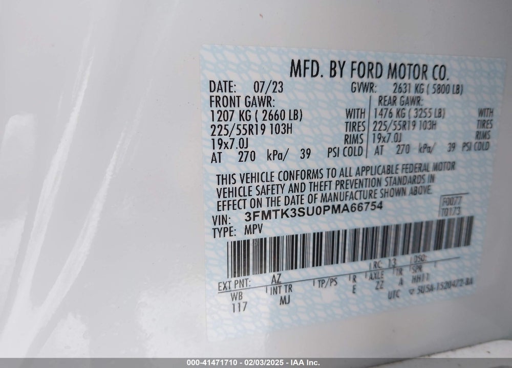 2023 FORD MUSTANG MACH-E VIN: 3FMTK3SU0PMA66754