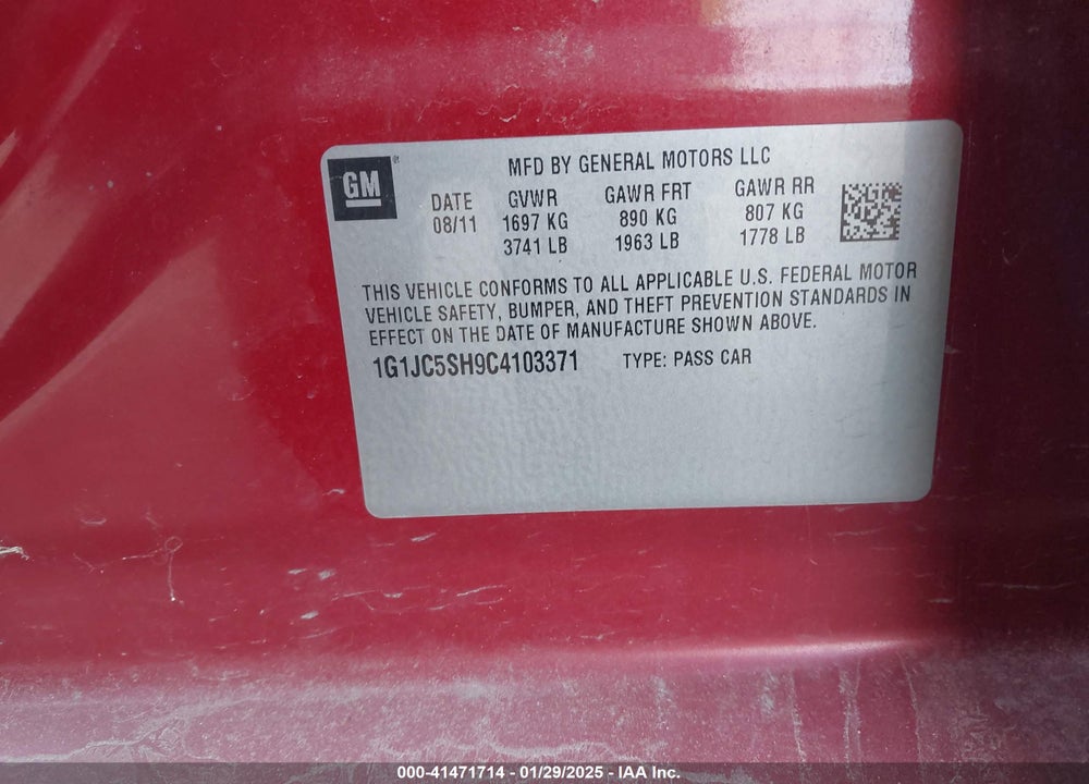 2012 CHEVROLET SONIC VIN: 1G1JC5SH9C4103371