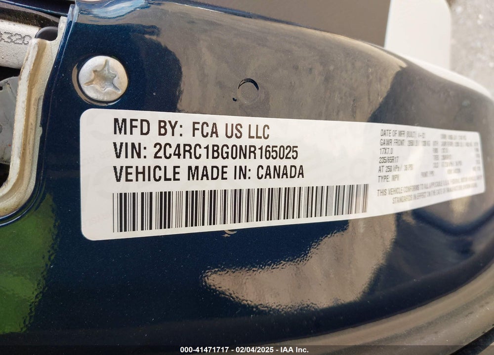 2022 CHRYSLER PACIFICA VIN: 2C4RC1BG0NR165025
