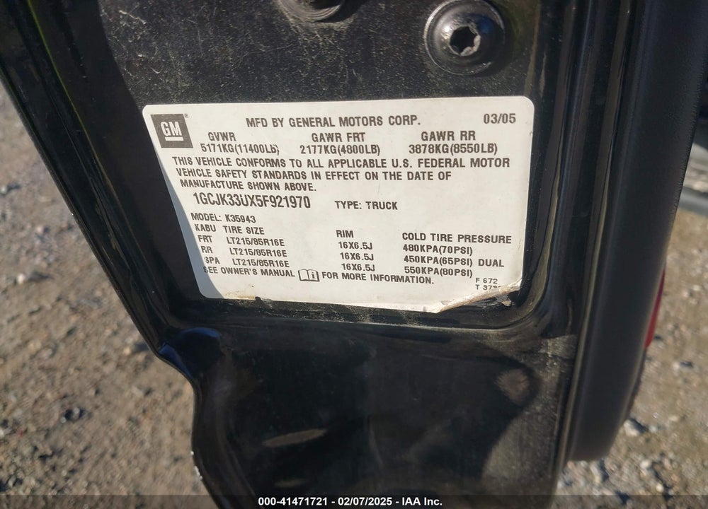 2005 CHEVROLET SILVERADO 3500 LS VIN: 1GCJK33UX5F921970