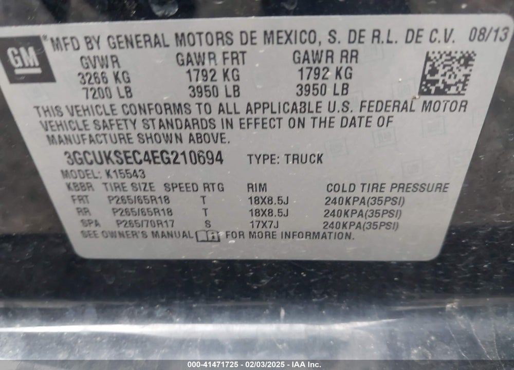 2014 CHEVROLET SILVERADO 1500 2LZ VIN: 3GCUKSEC4EG210694