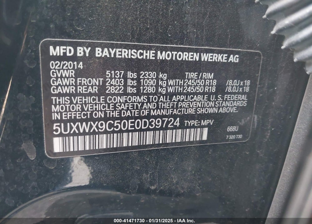 2014 BMW X3 VIN: 5UXWX9C50E0D39724