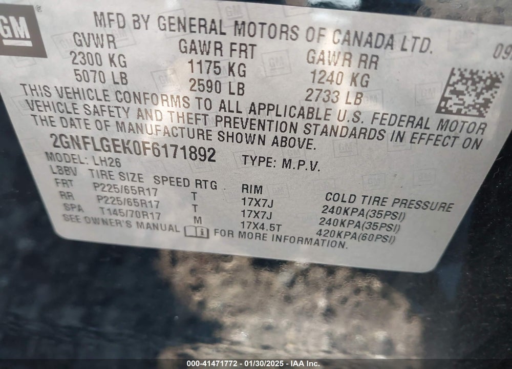 2015 CHEVROLET EQUINOX 2LT VIN: 2GNFLGEK0F6171892