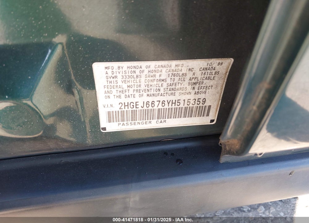 2000 HONDA CIVIC LX VIN: 2HGEJ6676YH515359