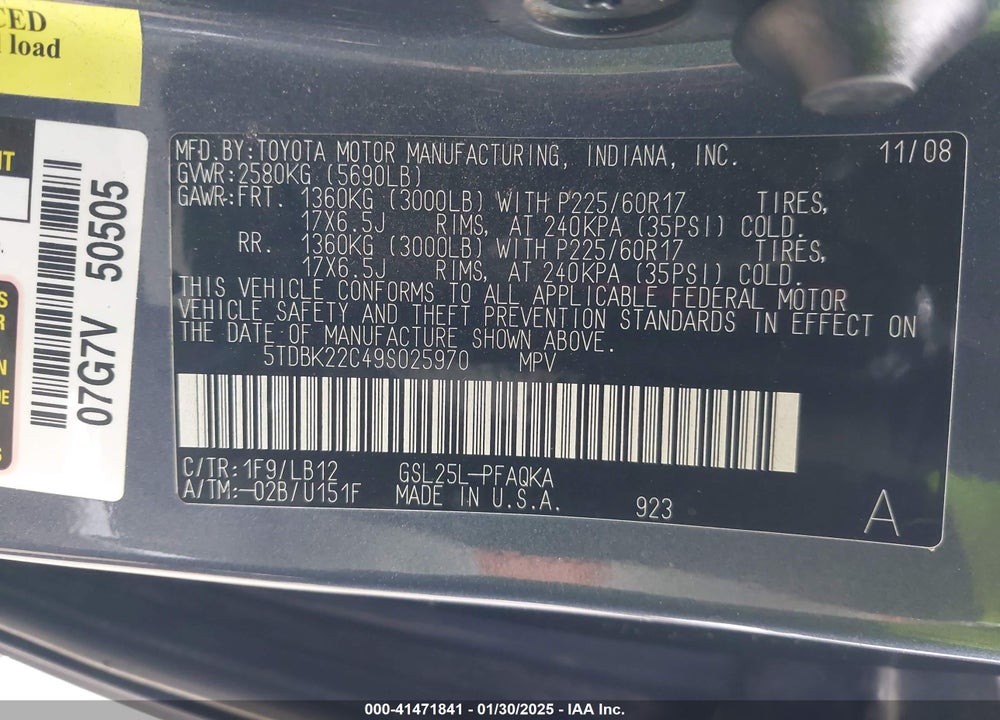 2009 TOYOTA SIENNA LIMITED VIN: 5TDBK22C49S025970