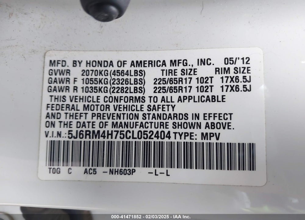 2012 HONDA CR-V EX-L VIN: 5J6RM4H75CL052404