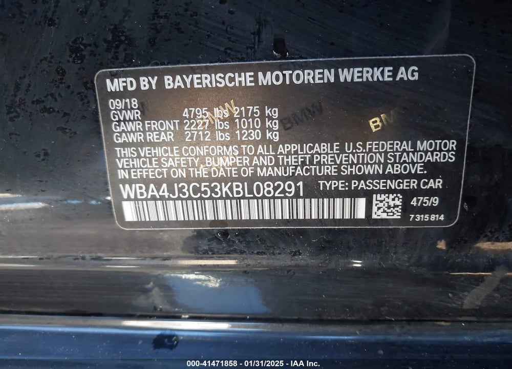 2019 BMW 430I GRAN COUPE VIN: WBA4J3C53KBL08291