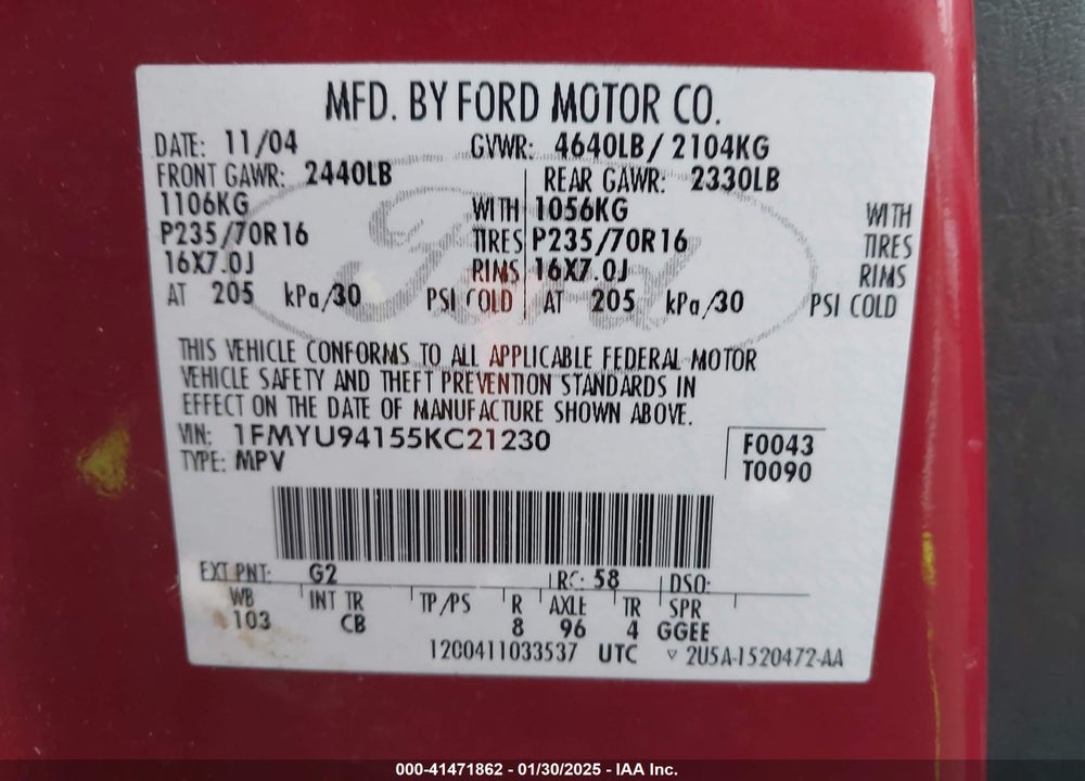 2005 FORD ESCAPE LIMITED VIN: 1FMYU94155KC21230