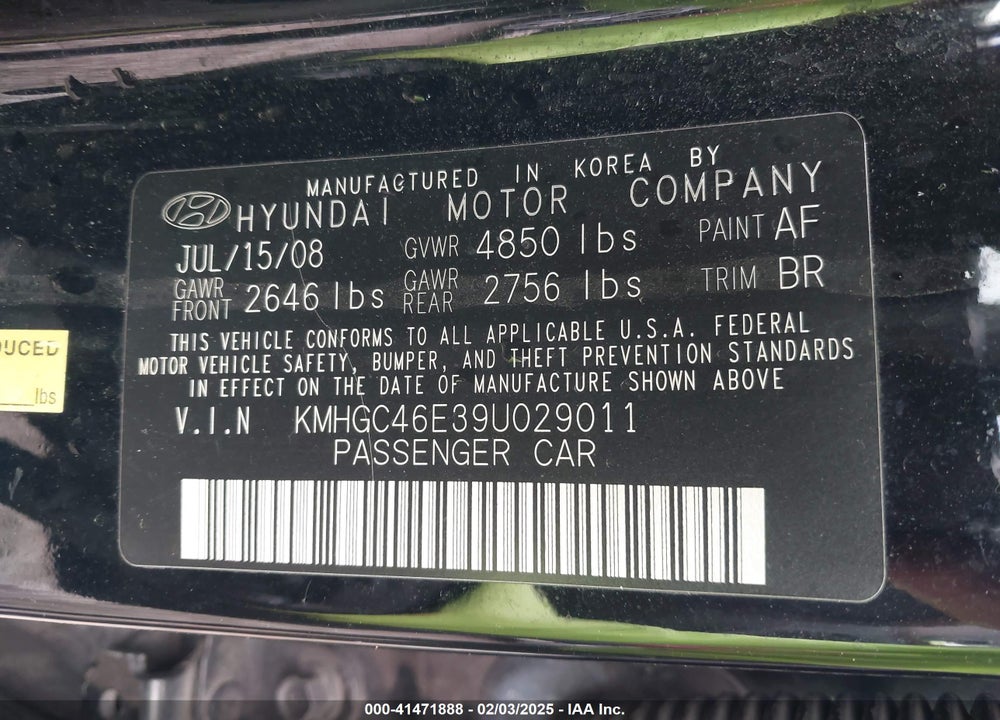 2009 HYUNDAI GENESIS VIN: KMHGC46E39U029011