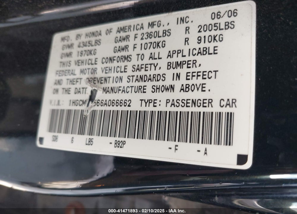2006 HONDA ACCORD 3.0 EX VIN: 1HGCM66566A066662