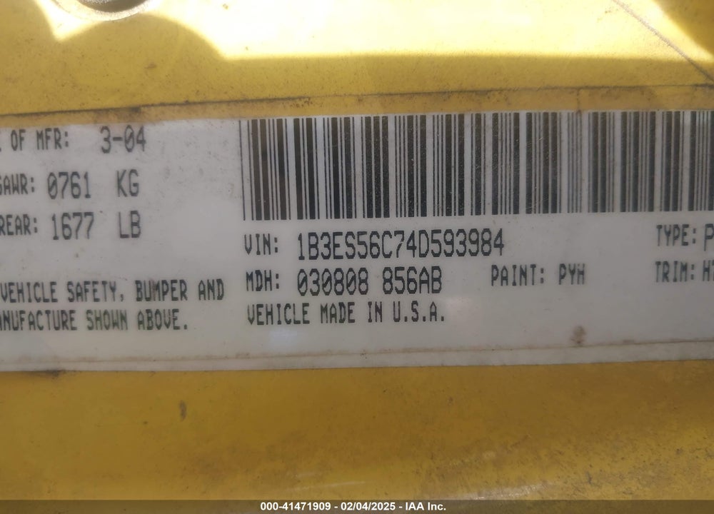 2004 DODGE NEON SXT VIN: 1B3ES56C74D593984