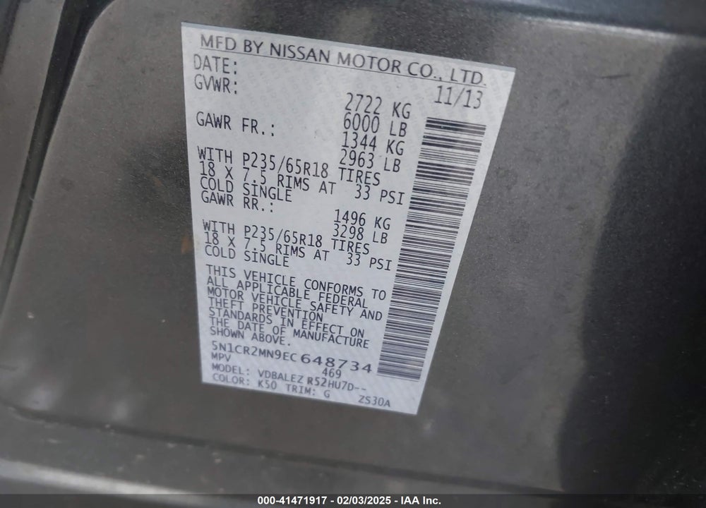 2014 NISSAN PATHFINDER HYBRID VIN: 5N1CR2MN9EC648734