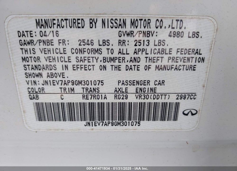 2016 INFINITI Q50 VIN: JN1EV7AP9GM301075