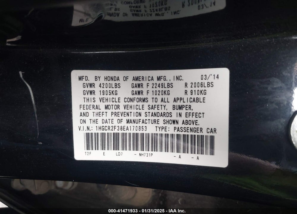 2014 HONDA ACCORD VIN: 1HGCR2F38EA170853