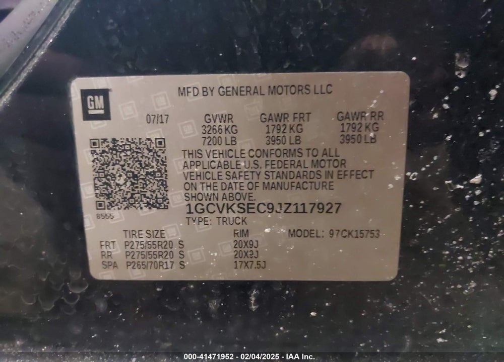 2018 CHEVROLET SILVERADO 1500 VIN: 1GCVKSEC9JZ117927