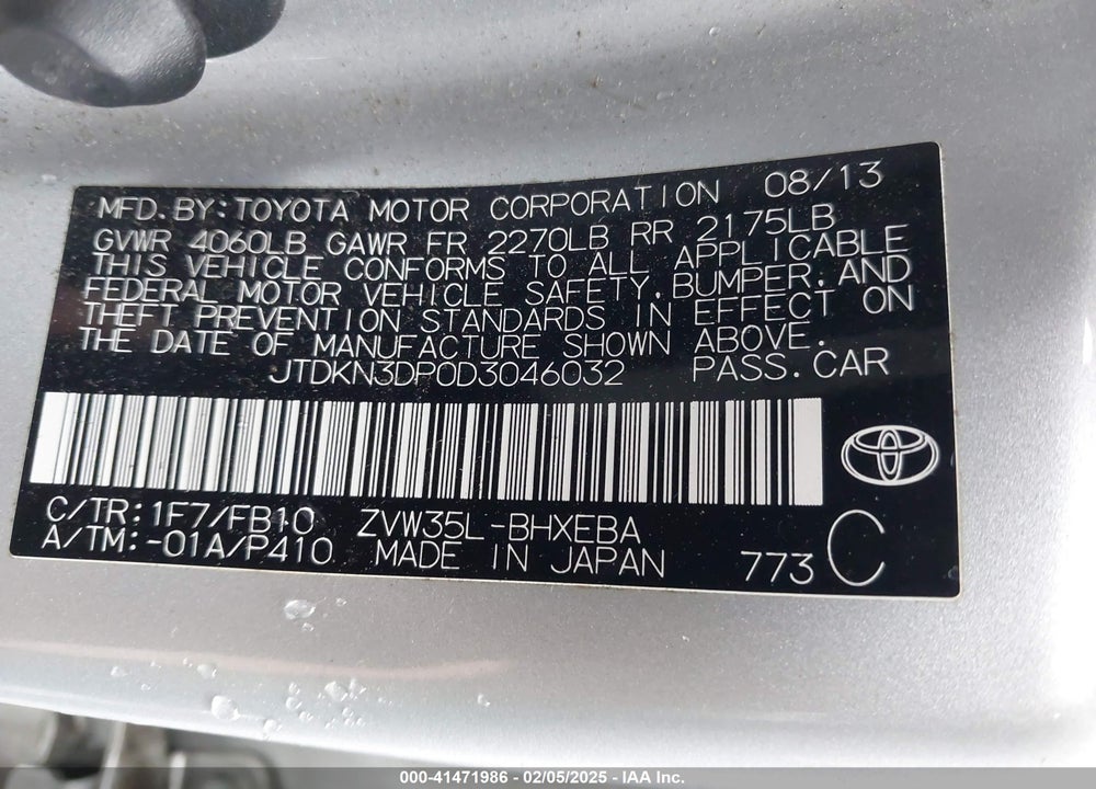 2013 TOYOTA PRIUS PLUG-IN VIN: JTDKN3DP0D3046032