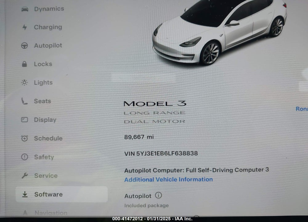 2020 TESLA MODEL 3 LONG RANGE DUAL MOTOR ALL-WHEEL DRIVE VIN: 5YJ3E1EB6LF638838