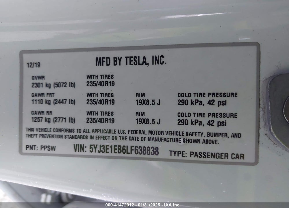 2020 TESLA MODEL 3 LONG RANGE DUAL MOTOR ALL-WHEEL DRIVE VIN: 5YJ3E1EB6LF638838