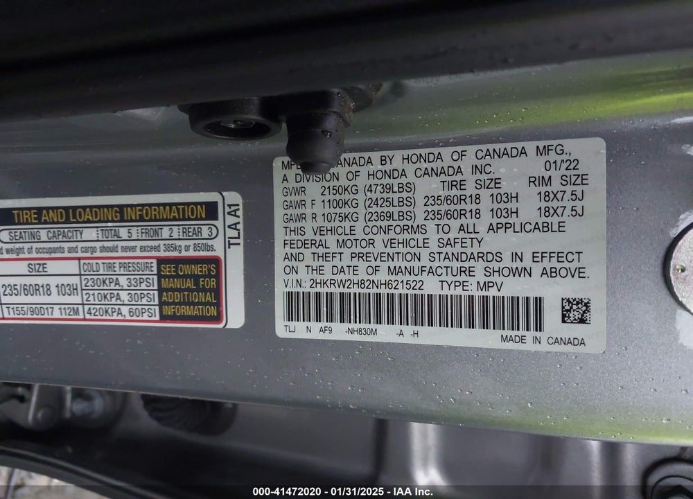 2022 HONDA CR-V VIN: 2HKRW2H82NH621522