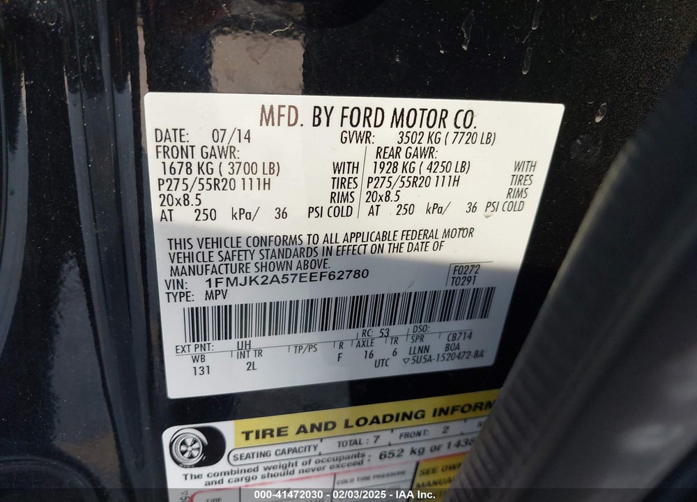 2014 FORD EXPEDITION EL LIMITED VIN: 1FMJK2A57EEF62780