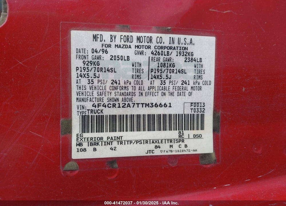 1996 MAZDA B2300 VIN: 4F4CR12A7TTM36661