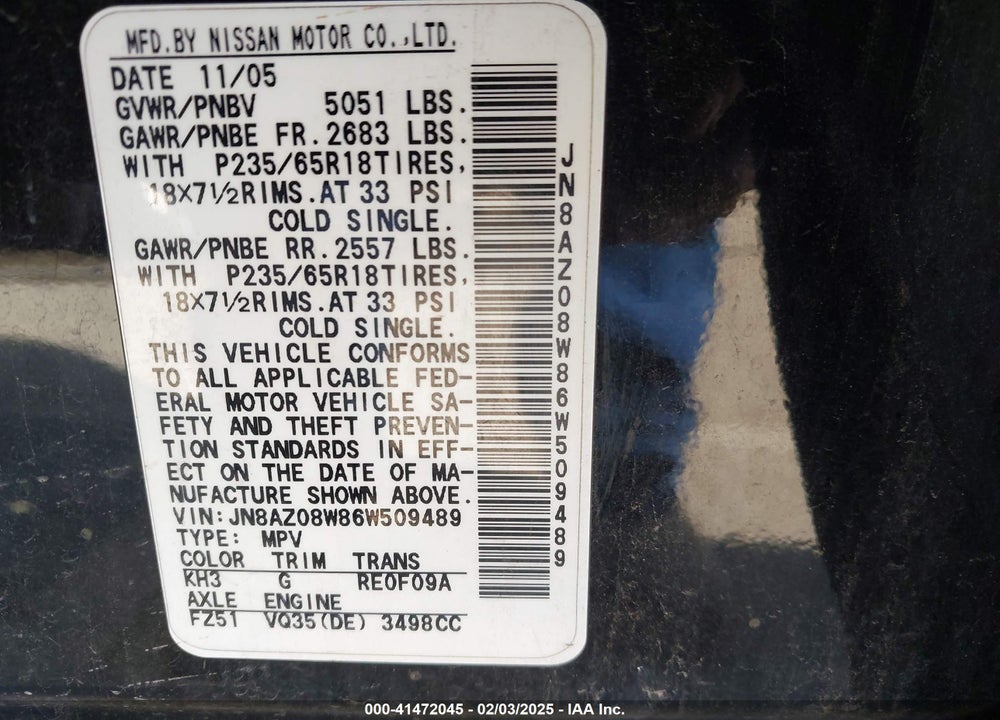 2006 NISSAN MURANO VIN: JN8AZ08W86W509489