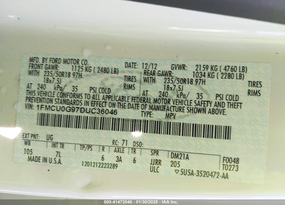 2013 FORD ESCAPE SE VIN: 1FMCU0G97DUC36046