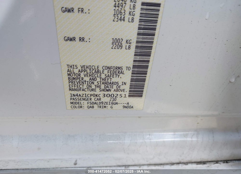 2019 NISSAN LEAF SV VIN: 1N4AZ1CP0KC300251
