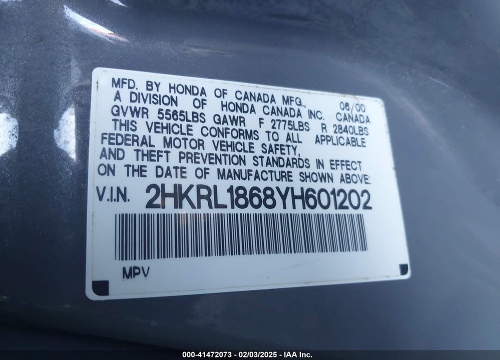 2000 HONDA ODYSSEY EX VIN: 2HKRL1868YH601202