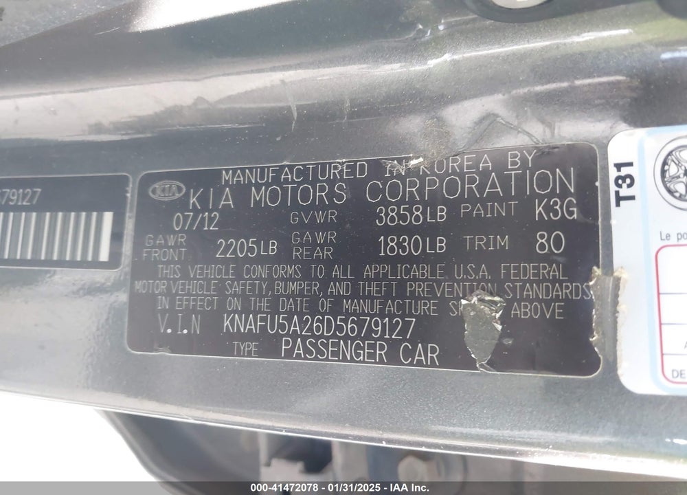 2013 KIA FORTE VIN: KNAFU5A26D5679127