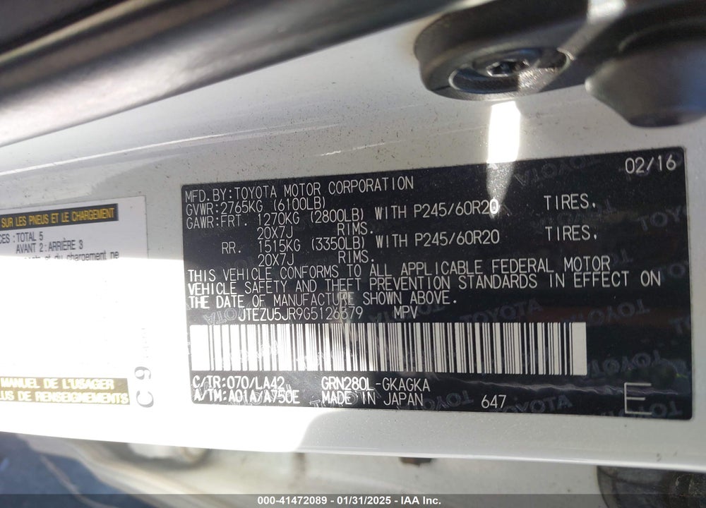 2016 TOYOTA 4RUNNER VIN: JTEZU5JR9G5126579