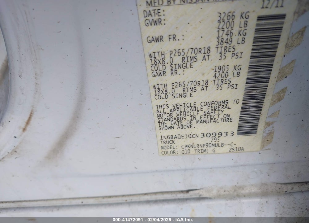 2012 NISSAN TITAN VIN: 1N6BA0EJ0CN309933
