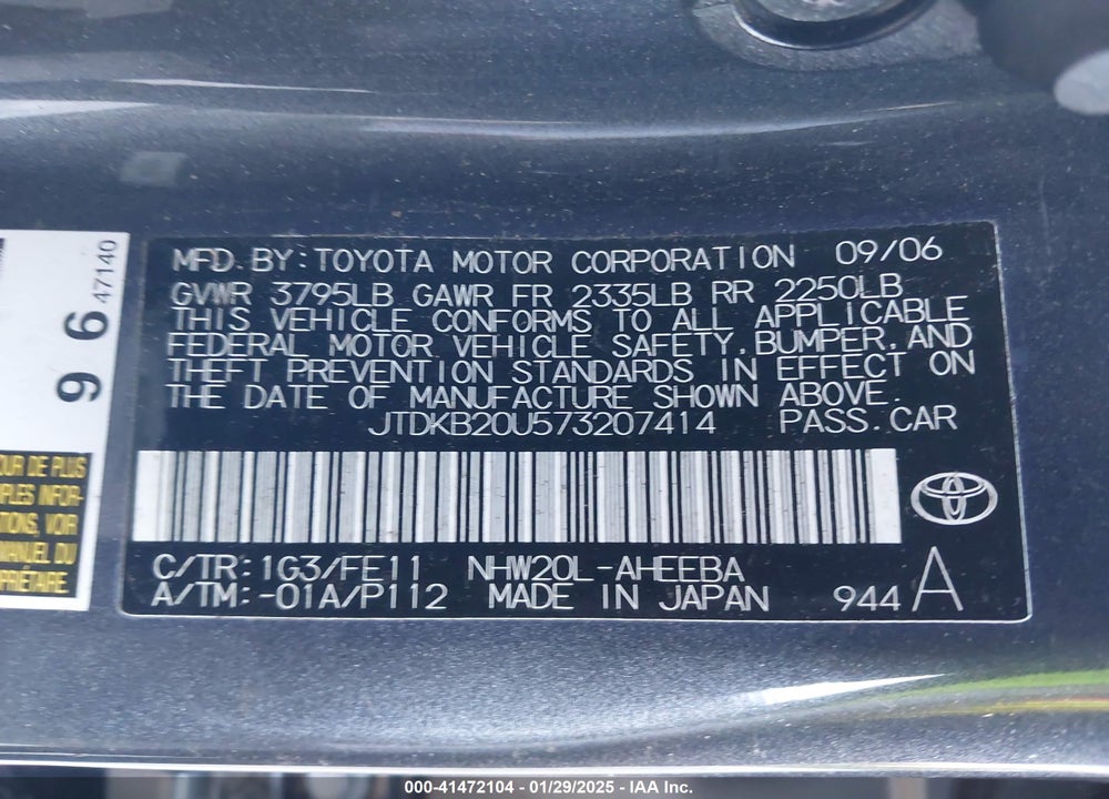 2007 TOYOTA PRIUS VIN: JTDKB20U573207414