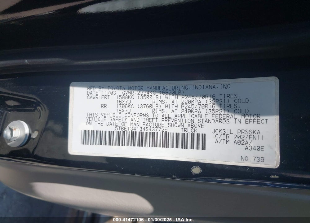2004 TOYOTA TUNDRA SR5 V8 VIN: 5TBET34134S437729