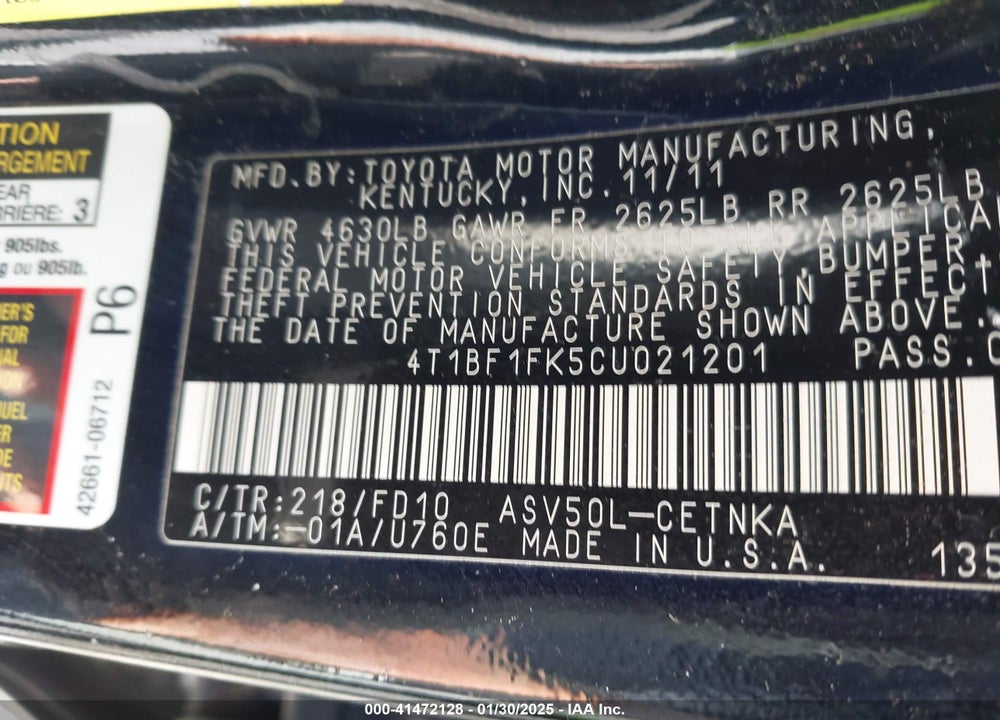 2012 TOYOTA CAMRY LE VIN: 4T1BF1FK5CU021201