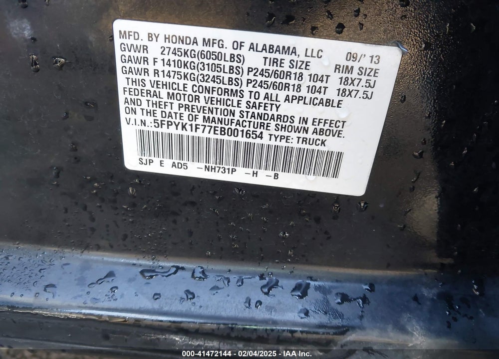 2014 HONDA RIDGELINE VIN: 5FPYK1F77EB001654