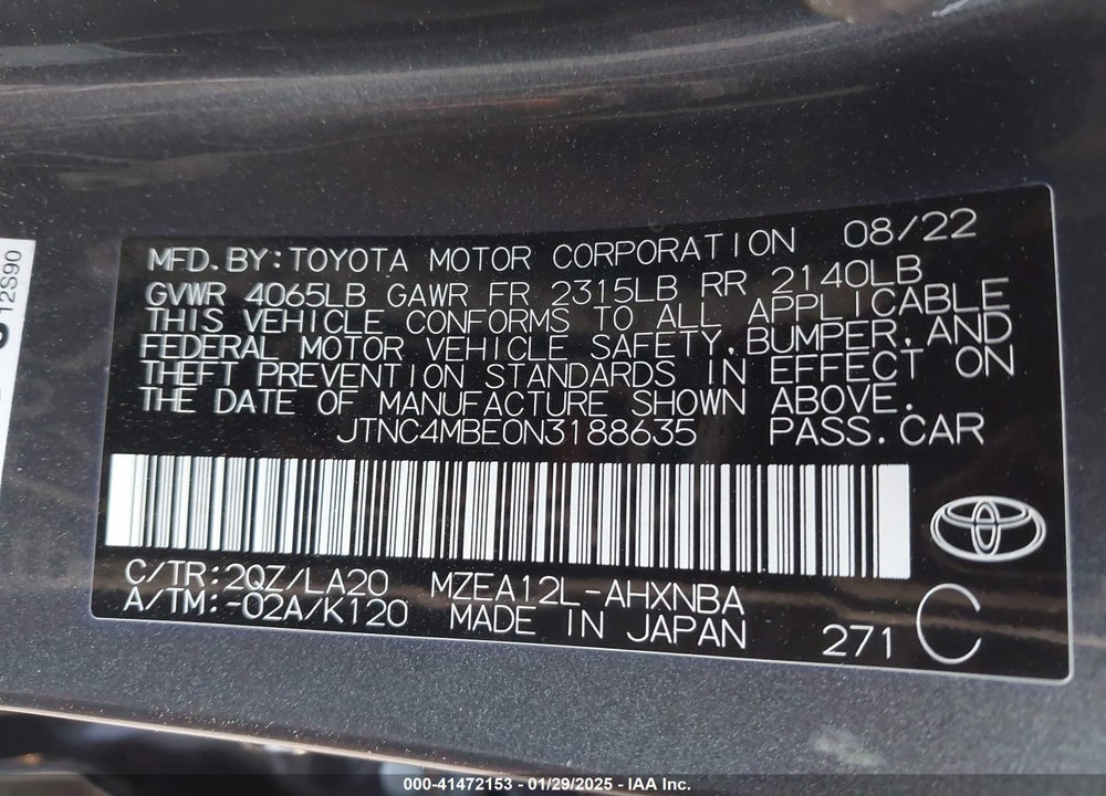 2022 TOYOTA COROLLA XSE VIN: JTNC4MBE0N3188635