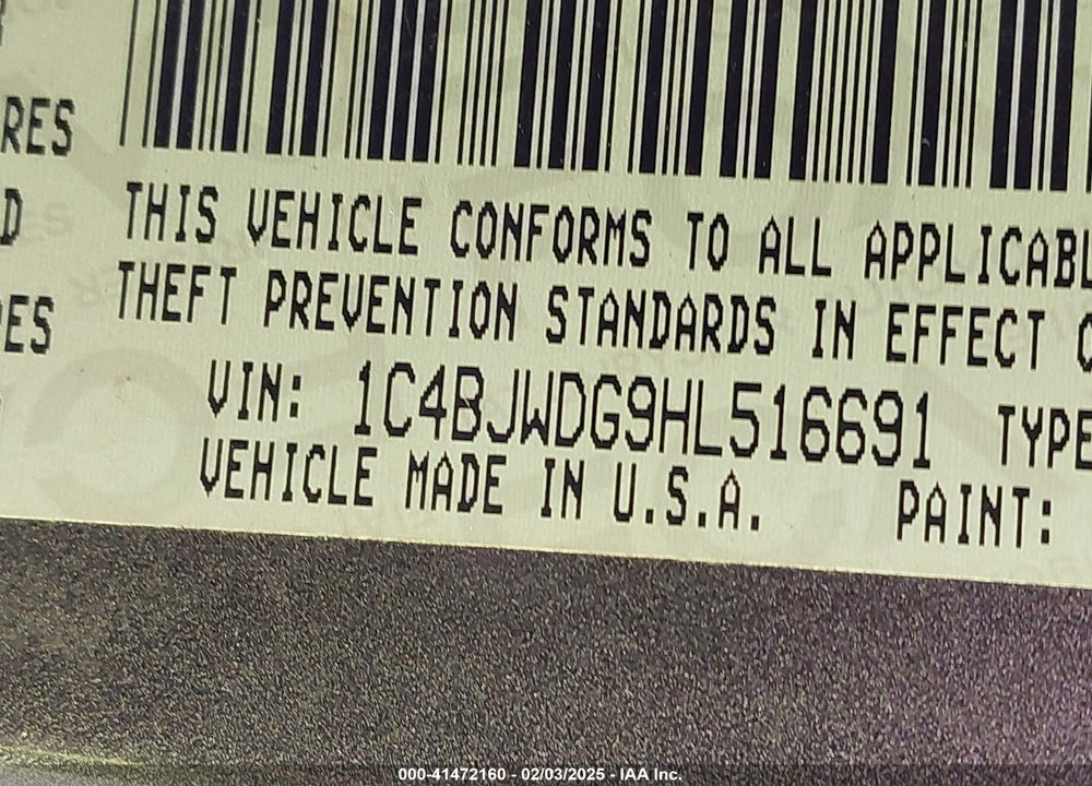 2017 JEEP WRANGLER UNLIMITED VIN: 1C4BJWDG9HL516691