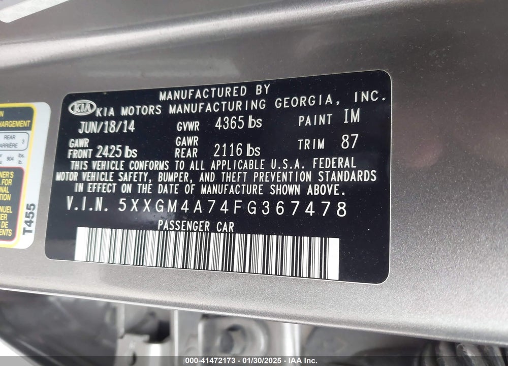 2015 KIA OPTIMA LX VIN: 5XXGM4A74FG367478