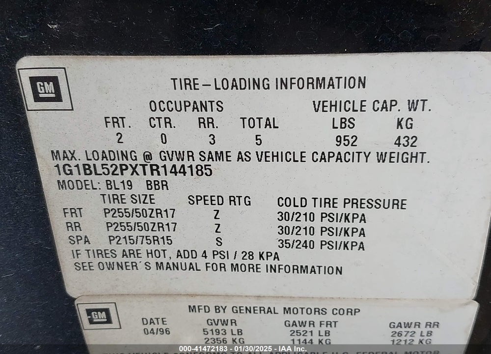 1996 CHEVROLET CAPRICE / IMPALA CLASSIC SS VIN: 1G1BL52PXTR144185