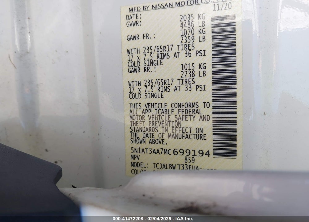 2021 NISS ROGUE S FWD VIN: 5N1AT3AA7MC699194