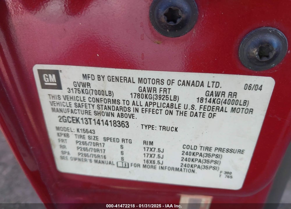 2004 CHEVROLET SILVERADO 1500 Z71 VIN: 2GCEK13T141418363