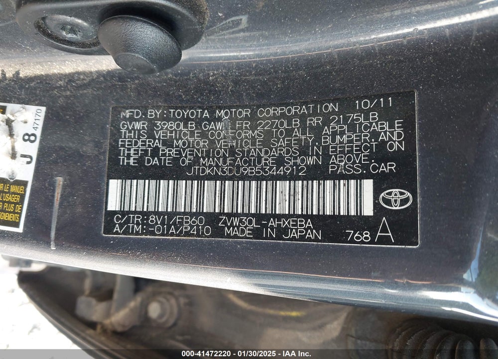 2011 TOYOTA PRIUS VIN: JTDKN3DU9B5344912