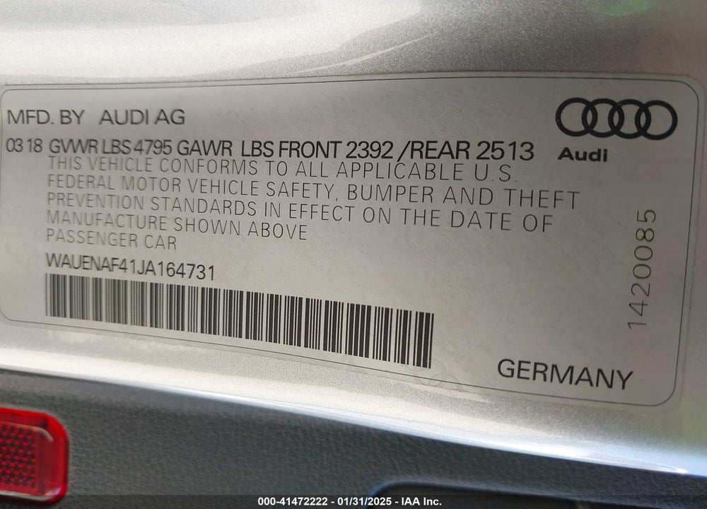 2018 AUDI A4 VIN: WAUENAF41JA164731