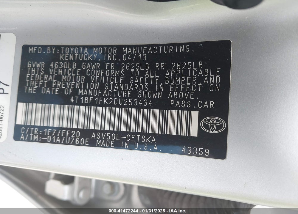 2013 TOYOTA CAMRY SE VIN: 4T1BF1FK2DU253434
