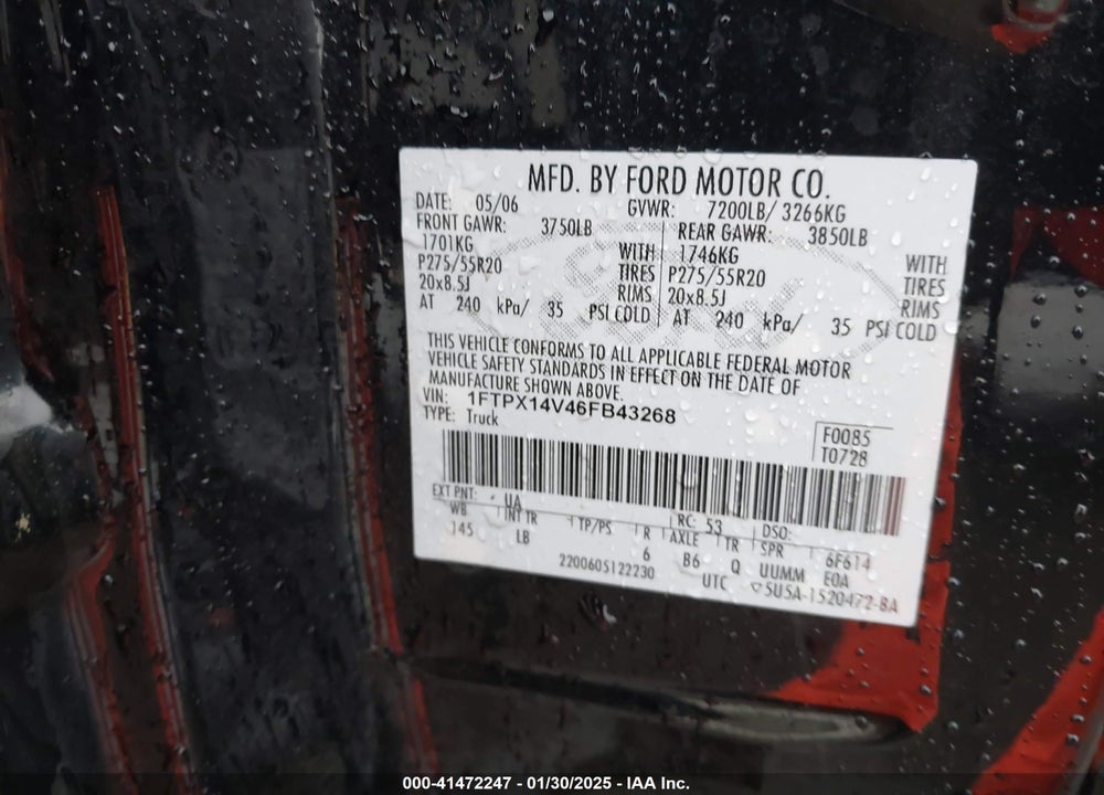 2006 FORD F-150 FX4/LARIAT/XL/XLT VIN: 1FTPX14V46FB43268