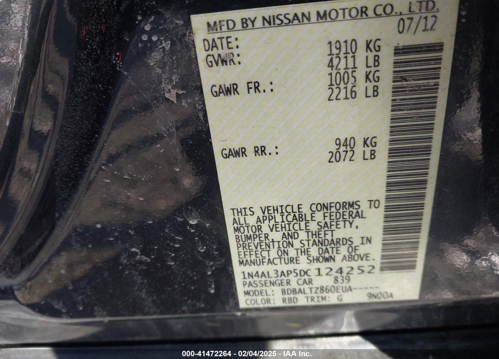 2013 NISSAN ALTIMA VIN: 1N4AL3AP5DC124252