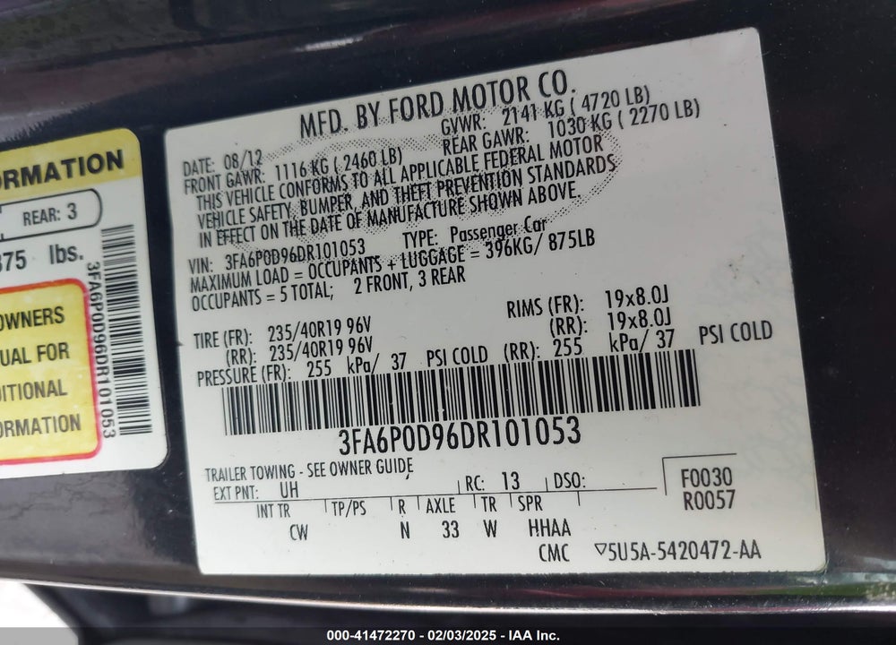 2013 FORD FUSION VIN: 3FA6P0D96DR101053
