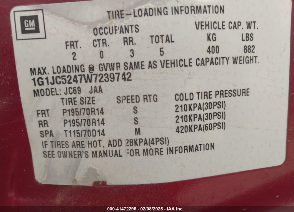 1998 CHEVROLET CAVALIER VIN: 1G1JC5247W7239742