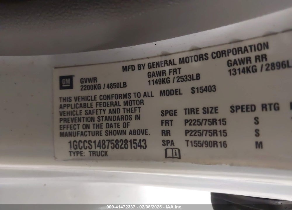 2005 CHEVROLET COLORADO VIN: 1GCCS148758281543